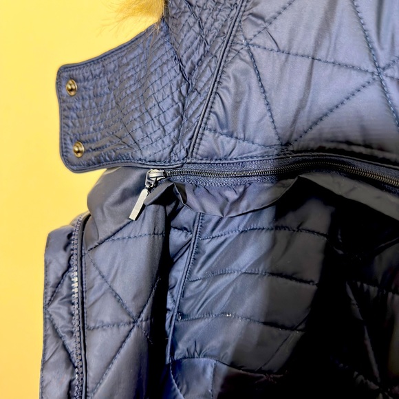 Marc New York Womens Chevron Quilted Down Jacket/Removable Faux Fur Hood L Navy - Picture 12 of 13